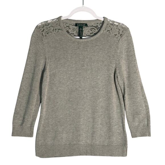 Lauren Ralph Lauren Sz L Lace Neck Pullover Crewneck Sweater Slits Neutral Modal - Picture 1 of 11